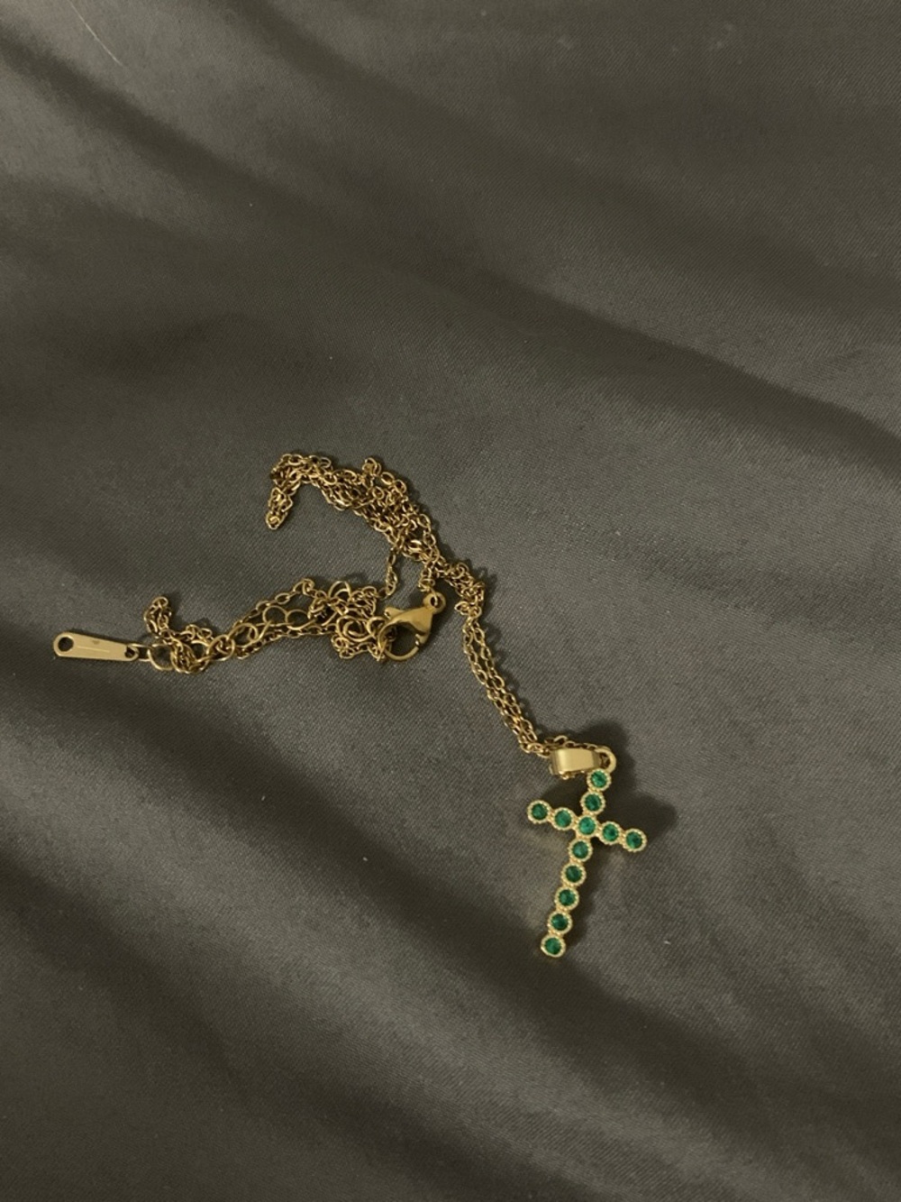 Gold Cross Pendant Necklace with Green Stones - Women Jewelry